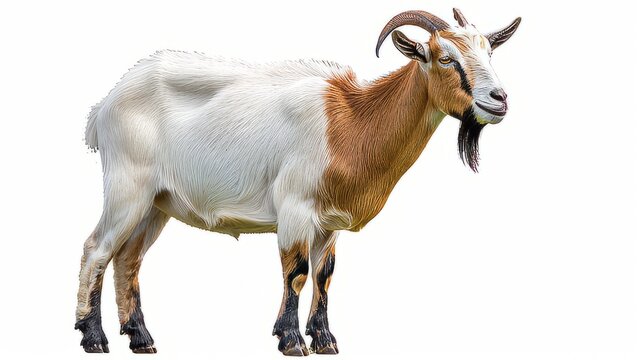 An adult goat that is a combination of brown and white on a white background. The horned goat curves inwards. Created with Generative AI.