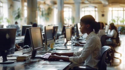 black female at office desk, multiple workstations with computers placed on each, several workers are busy working, student studying 
