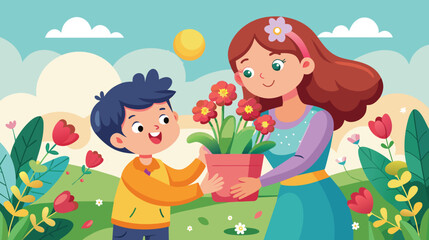 Obraz na płótnie Canvas Young Boy Receiving Flower Pot From Woman in Sunny Garden