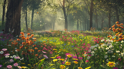 Wildflower Meadow: Capture a clearing in the forest carpeted with colorful wildflowers, with sunlight filtering through the trees and casting a warm glow on the vibrant blooms. Generative AI - obrazy, fototapety, plakaty