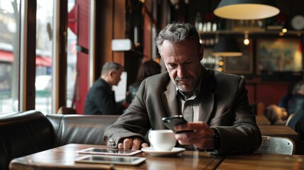businessman sitting in bar with laptop - obrazy, fototapety, plakaty