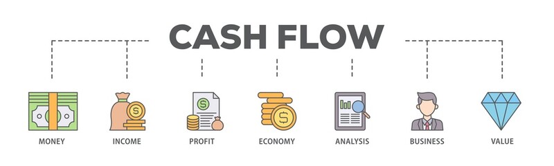 Cash flow banner web icon illustration concept with icon of money, income, profit, economy, analysis, business, and value icon live stroke and easy to edit 