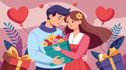 Romantic Couple Celebrating Valentines Day With Gifts and Flowers