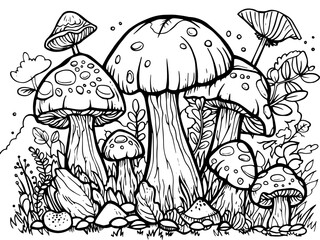 Coloring book image. Mushroom forest. Vector, generative ai.