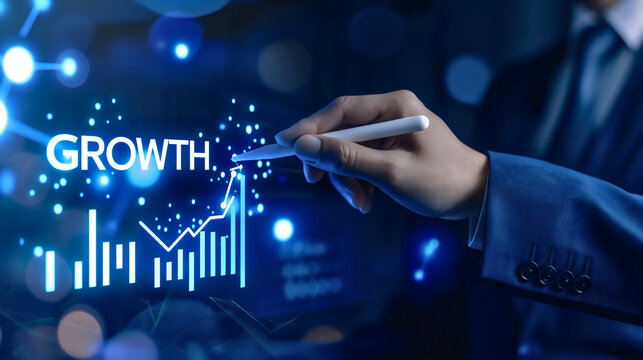 Businessman in elegant suit holding a white pen and touching the analytics graph with lines and arrow going up on a blue digital hologram screen display symbolizing company growth and success
