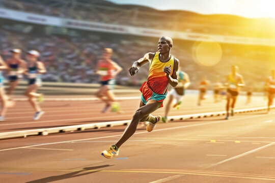 A marathon runner crossing the finish line tiredly but determinedly.