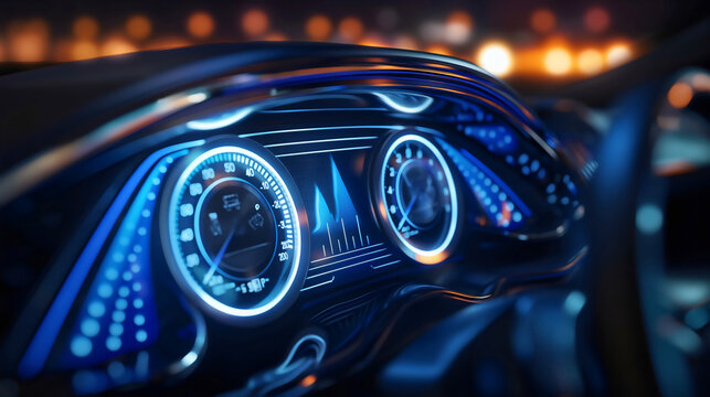 Closeup of the digital blue dashboard display or screen in the car interior, automobile transportation speedometer instrument panel inside, details with indication lamps - Powered by Adobe