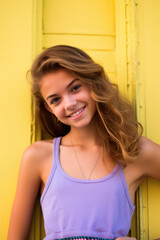 Fototapeta premium Young girl with radiant smile against vibrant yellow door, wearing a purple tank top.