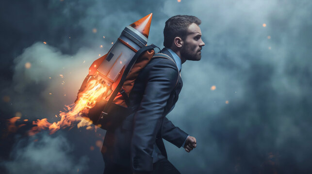 Rearview of the businessman wearing an elegant suit and a backpack with a fiery rocket ready to launch. Walking into the cloud of smoke, career achievement, promotion or challenge, future leadership
