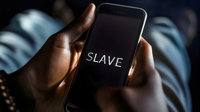 Text "Slave" on the smartphone device screen or display. Man holding the cellphone in his hands, photo is symbolizing social media and internet scrolling addiction problem