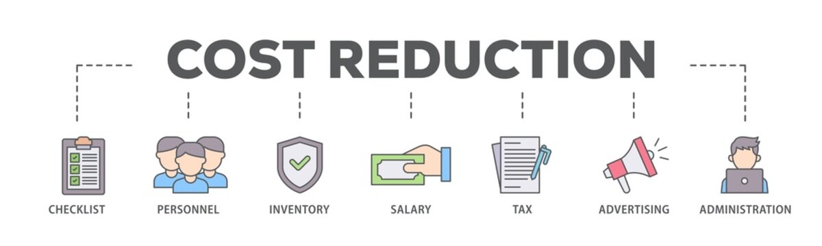Cost reduction banner web icon illustration concept with icon of checklist, personnel, inventory, salary, tax, advertising and administration icon live stroke and easy to edit 