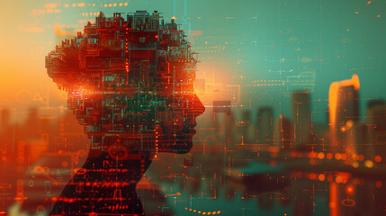 silhouette construction element form in human head shape, overlapping against orange and teal cityscape. technology and new world development concept