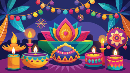 Colorful Diwali festival with lights, candles, and traditional decorations.
