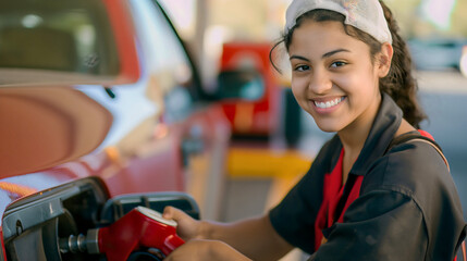 Beautiful young woman, female gas station worker, employee holding a red petroleum pump nozzle and filling up the benzine or diesel fuel tank of the car or truck parked on a petrol gas station - obrazy, fototapety, plakaty