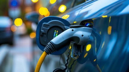 Electric car charging at a station with illuminated city lights in the background.