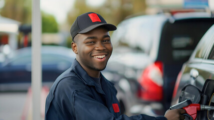 Young African American man, male gas station worker, employee holding a red petroleum pump nozzle and filling up the benzine or diesel fuel tank of the black car parked on a petrol gas station - obrazy, fototapety, plakaty