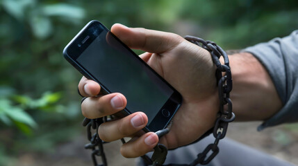 Man holding the smartphone device. Chains around his wrist and hand, photo is symbolizing social media and internet scrolling addiction problem