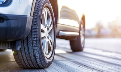 The morning light accentuates car tires on the asphalt road, captured from a low angle.