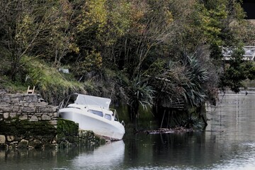 Barca varada en un rincon de un lago