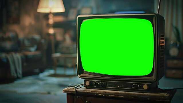 Old School Retro Television with Green Screen and Glitch Effect. Zooming in Effect