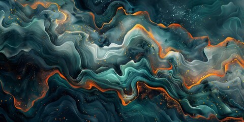 A painting of a wave with a blue and orange color scheme - stock background. - obrazy, fototapety, plakaty