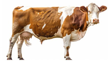 A large, healthy cow was photographed from the side. White and brown jumbo-size cattle isolated on a white background. Created with Generative AI.