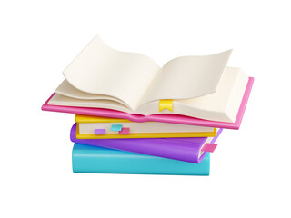 Pile of close paper books and open one with white pages, colorful hard cover and bookmarks lay and stand. 3D render