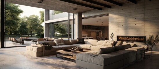 Modern villa interior design with concrete elements.