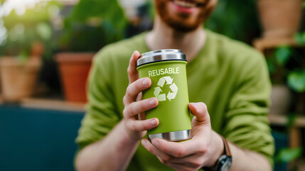 Closeup of the handsome young man holding the reusable light green stainless tumbler with white recycle symbol. Eco-friendly bottle for the environment, plastic free