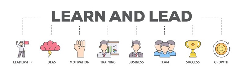Learn and lead banner web icon illustration concept with icon of leadership, ideas, motivation, training, business, team, success, and growth icon live stroke and easy to edit 