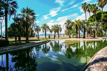 Awe Panorama of left part of Croisette (no people) luxury park with large fantastic palm trees and...