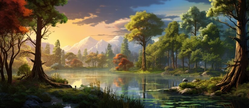 An art piece depicting a tranquil lake surrounded by lush greenery and towering trees in a natural landscape, under a blue sky with fluffy clouds