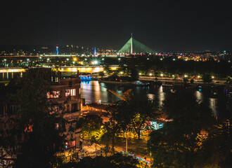 Night view of the bridges on the Sava river in Belgrade, Serbia.