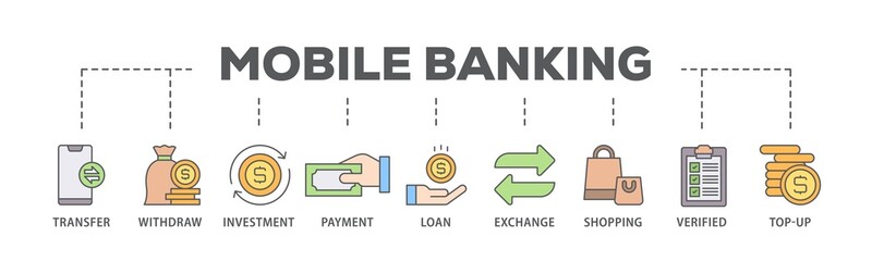 Mobile banking banner web icon illustration concept with icon of transfer, withdraw, investment, payment, loan, exchange, shopping, verified and top up icon live stroke and easy to edit 