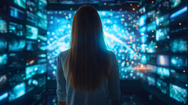 Young Woman Entering 3D Cyberspace With Animated Social Media Interfaces, Online Video Games, Videos, Internet Content. Visualization Of Enthusiast Surfing Computer Network,Multiple Digital Screens