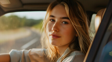 Closeup of the beautiful young woman with blonde hair driving a car on the road, sitting in the automobile interior, looking at the camera and smiling. Vehicle travel and transport, summer trip