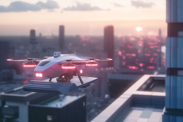 Futuristic Drone Patrolling City at Sunset - obrazy, fototapety, plakaty