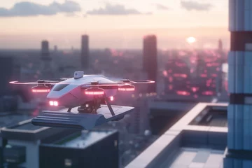 Foto op Aluminium Futuristic Drone Patrolling City at Sunset ©  Berlin23