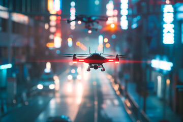 Advanced Drone Flying Over Illuminated City Streets - obrazy, fototapety, plakaty