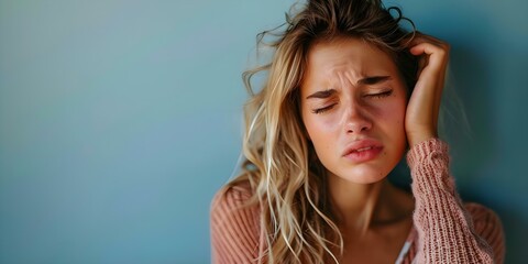 A young woman grimacing in pain while holding her head in discomfort. Concept Health and wellness, Headache relief, Discomfort, Physical discomfort, Pain relief - obrazy, fototapety, plakaty