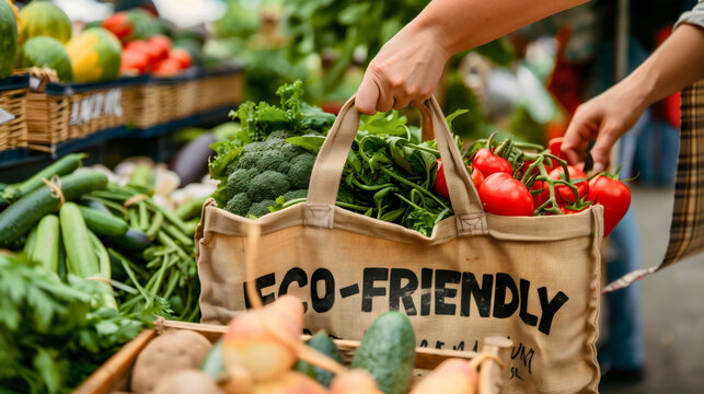 Text "Eco-Friendly" on the cotton bag full of healthy, fresh and organic vegetables that the female customer or woman is holding in her hands, buying groceries on the local city marketplace