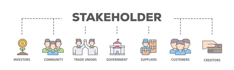 Stakeholder banner web icon illustration concept with icon of community, trade unions, suppliers, and customers icon live stroke and easy to edit 