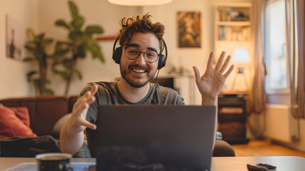Young Caucasian man sitting in the living room of a house or home, and using a laptop or notebook. Male adult freelancing, wearing black headphones or headset, and smiling, customer support - obrazy, fototapety, plakaty