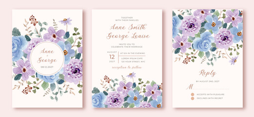 wedding invitation set with purple blue watercolor floral frame - obrazy, fototapety, plakaty