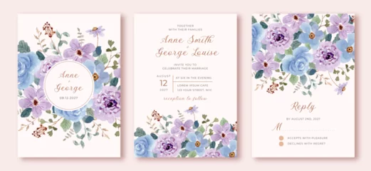 Fototapeten wedding invitation set with purple blue watercolor floral frame © wulano
