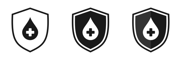 Set of Shields with a drop of a cross. Medical logo, illustration