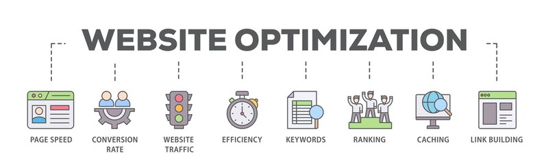 Website optimization banner web icon illustration concept with icon of page speed, conversion rate, website traffic, efficiency, keywords, ranking, caching  icon live stroke and easy to edit  © Tiger