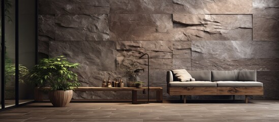 A cozy living room featuring a couch and a houseplant in a flowerpot placed in front of a rustic stone wall, creating a harmonious mix of wood and bedrock elements