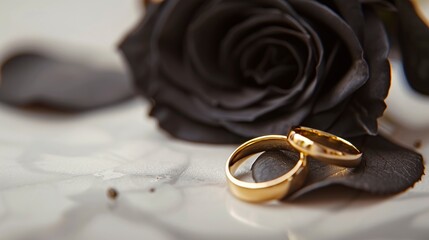 Two gleaming gold wedding rings rest delicately against the soft petals of a black rose