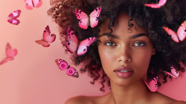Linda jovem afro-americana com uma linda  pele, cabelos com apliques de lindas borboletas em fundo  rosa, cuidados com a pele facial. Cosmetologia, beleza, spa, feminino.